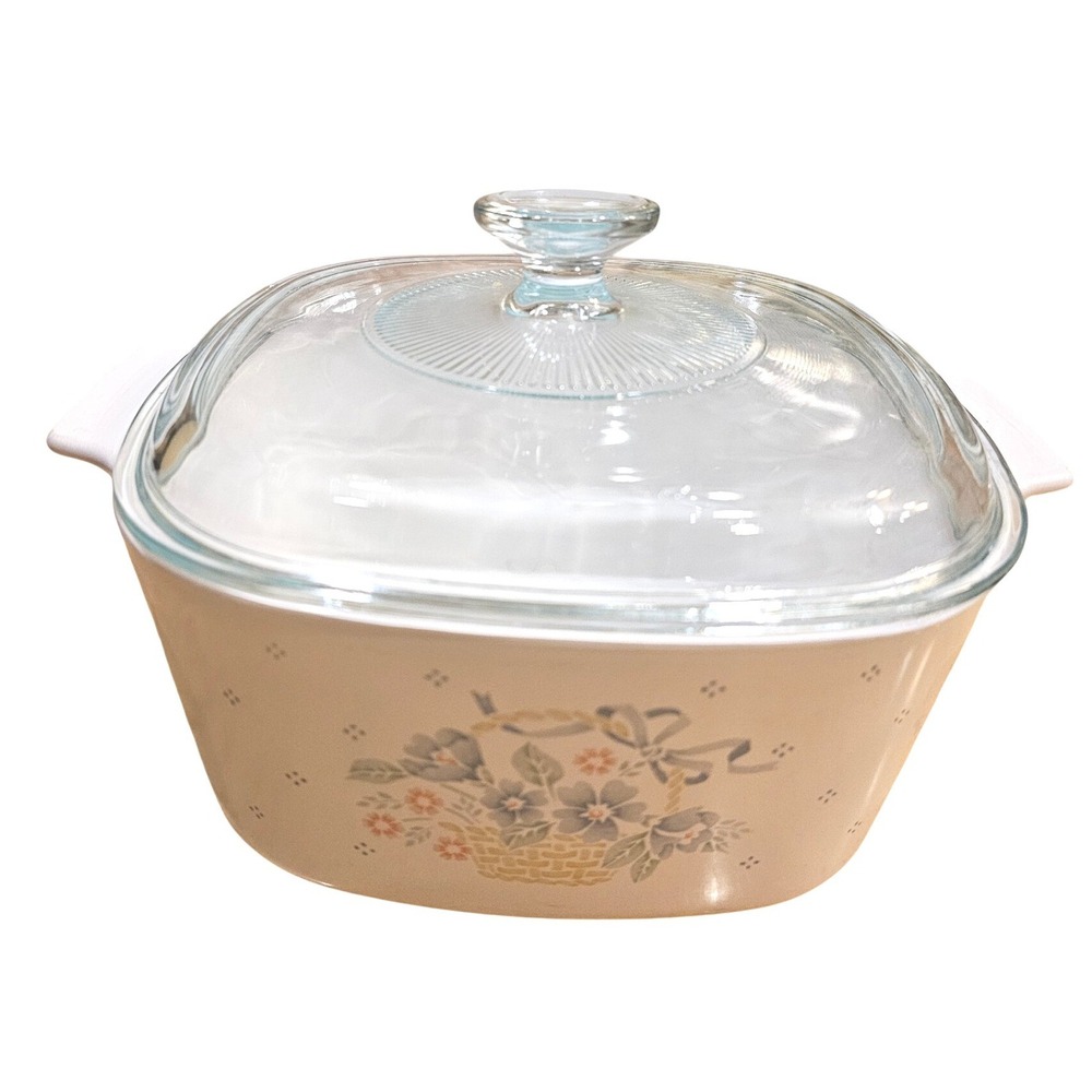 Corning Ware Floral Basket Casserole Dish with Glass Lid Square White A-3-B 3 Qt